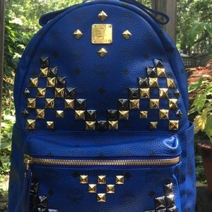 Authentic MCM Unisex L Logo Studded Backpack Blue